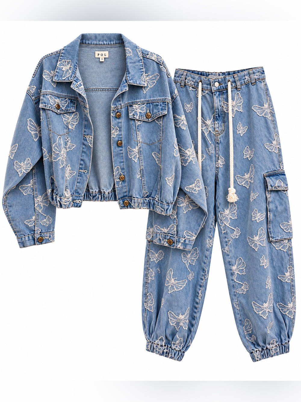POL Butterfly Denim 2-Piece Set 🦋 Size Small | Jacket + Cargo Joggers | NWOT